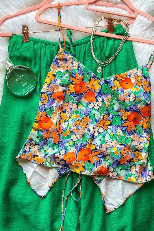 Women's Summer Satin Tie Back Cami Tank Top | Green Multi