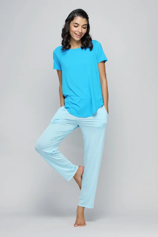 Breezy Blue Straight Lounge Set Silk pajama sets