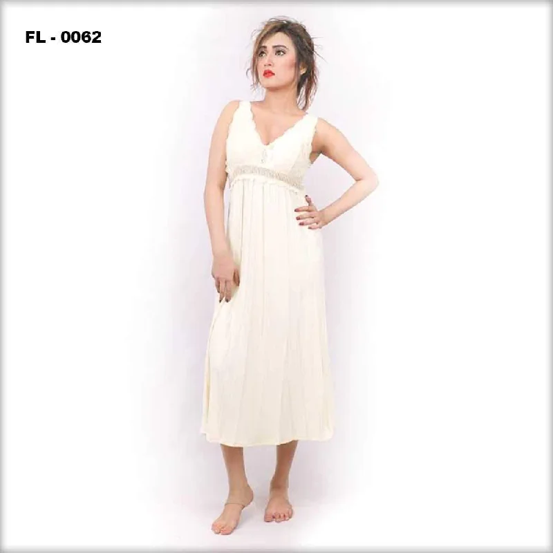 Off White Flourish Nighty For Women  - FL-0062 Unisex pajama sets