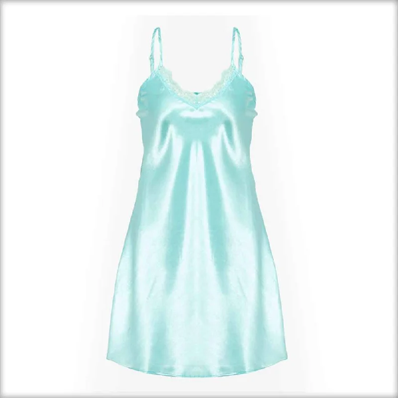 Sky Blue Polyester Chemise With Lace Thermal pajama sets