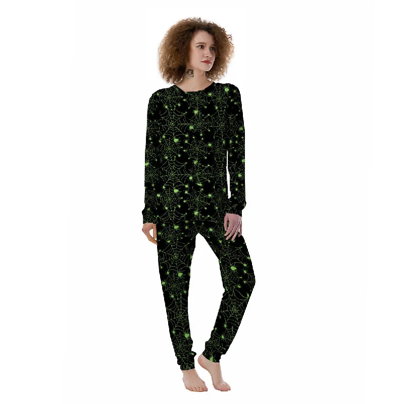 Spider Black And Green Neon Spider Web Print Pattern Women's Pajamas Bamboo pajama sets