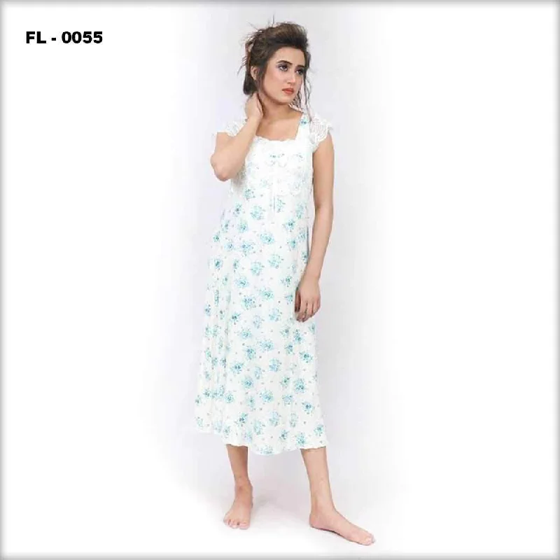 White With Blue Flower Print Flourish Night Gown - FL-0055 Zara pajama sets