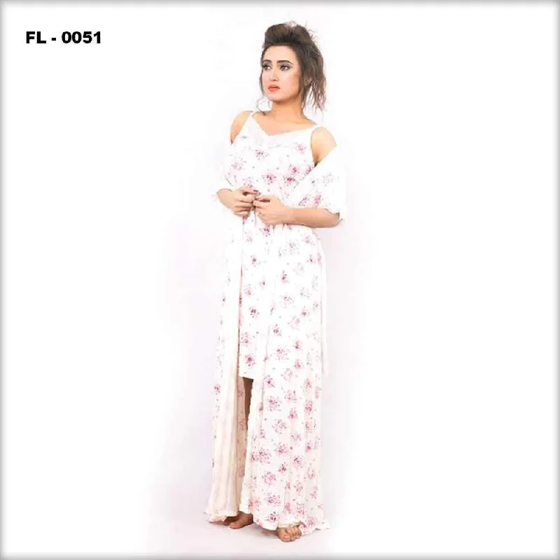 White With Pink Flower Print Flourish 2Pc Women Nightwear - FL-0051 Nursing pajama sets