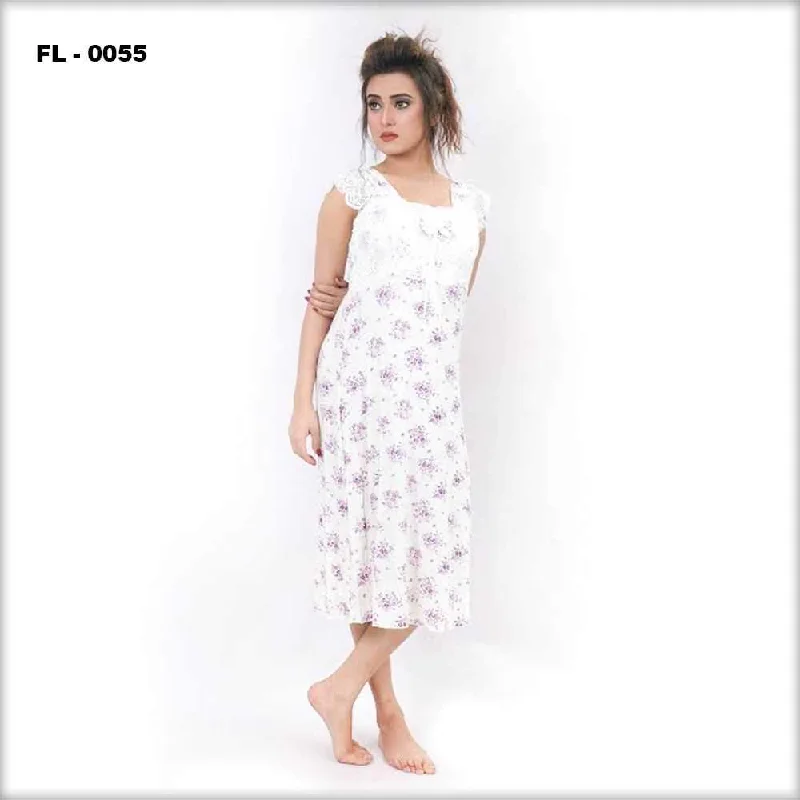 White With Purple Flower Print Flourish Women Nightdress - FL-0055 Loungewear pajama sets