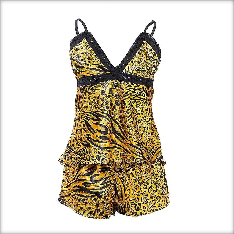 Yellow Cheetah Print Satin Shorts & Camisole Set Button-up pajama sets