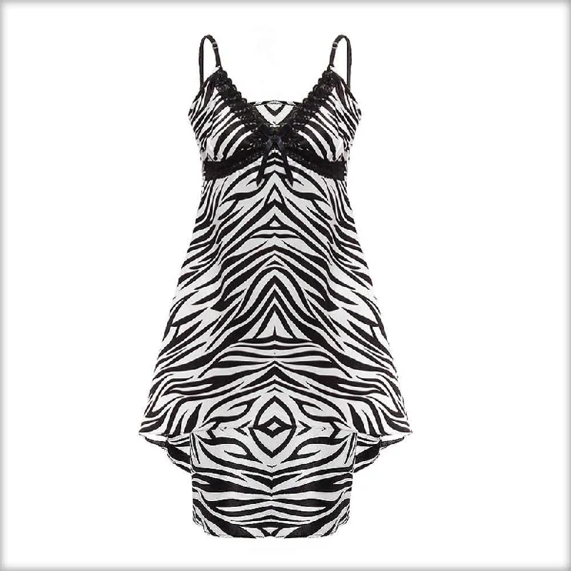 Zebra Print Satin Tail Chemise with Soft Elastic Straps Lightweight pajama sets