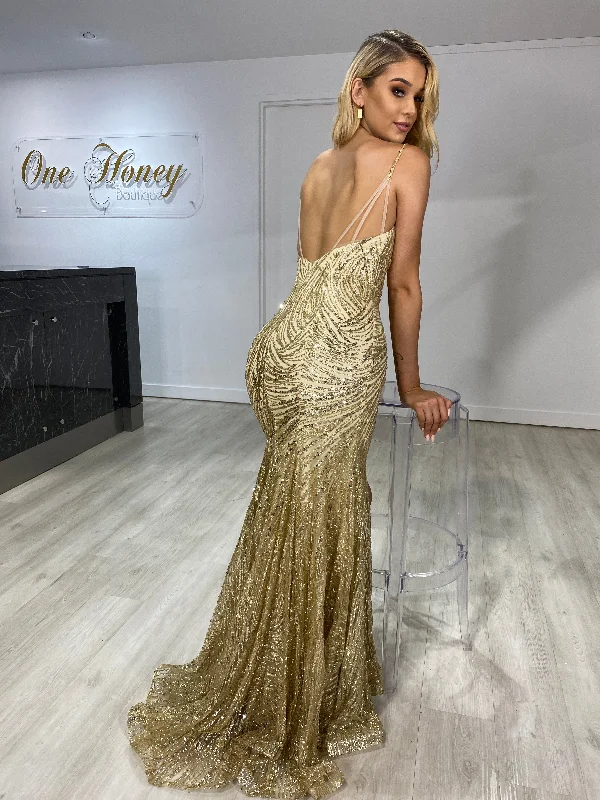 Honey Couture ISABELLA Gold Sequin Mermaid Formal Gown Dress (RED TAG FINAL SALE) Plush Satin Gown