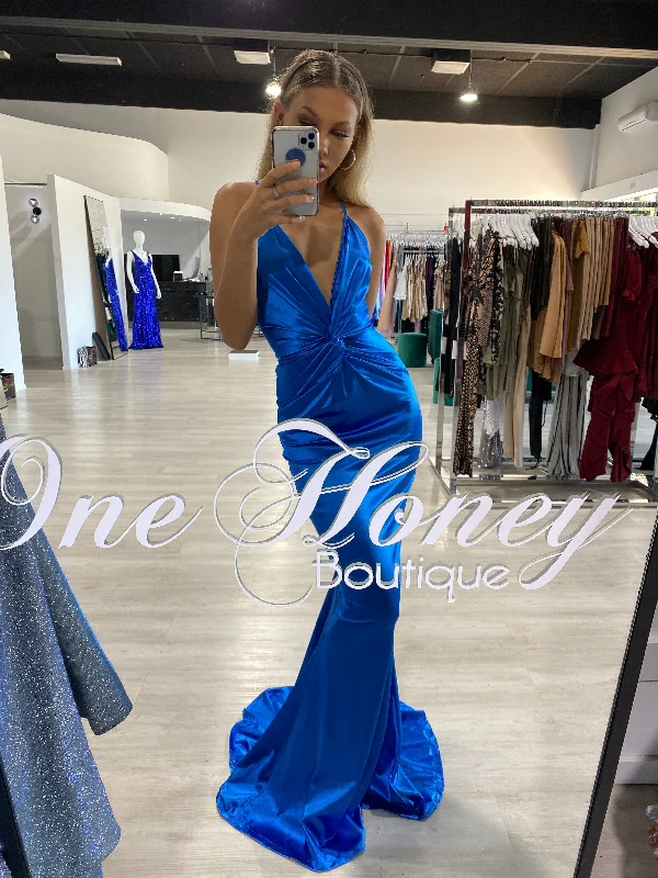 Honey Couture JUSTICE Blue Open Back Mermaid Evening Gown Dress (RED TAG FINAL SALE) Elegant Lace Set