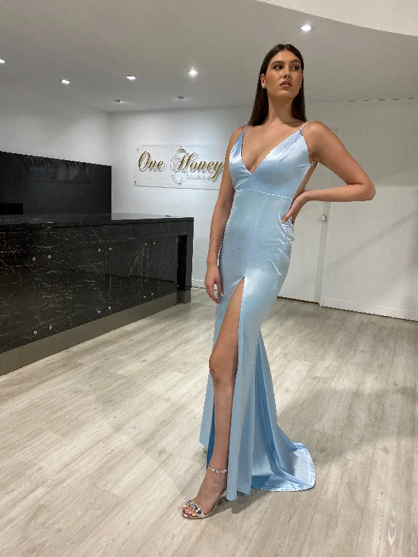 Honey Couture MILEE Baby Blue Low Back Mermaid Evening Gown Dress w Leg Split (RED TAG FINAL SALE) Floral Satin Robe