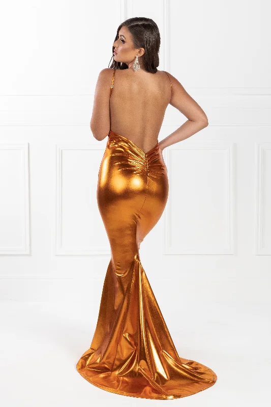 Honey Couture MILEE Metallic Orange Low Back Mermaid Evening Gown Dress (RED TAG FINAL SALE) Luxe Satin Gown