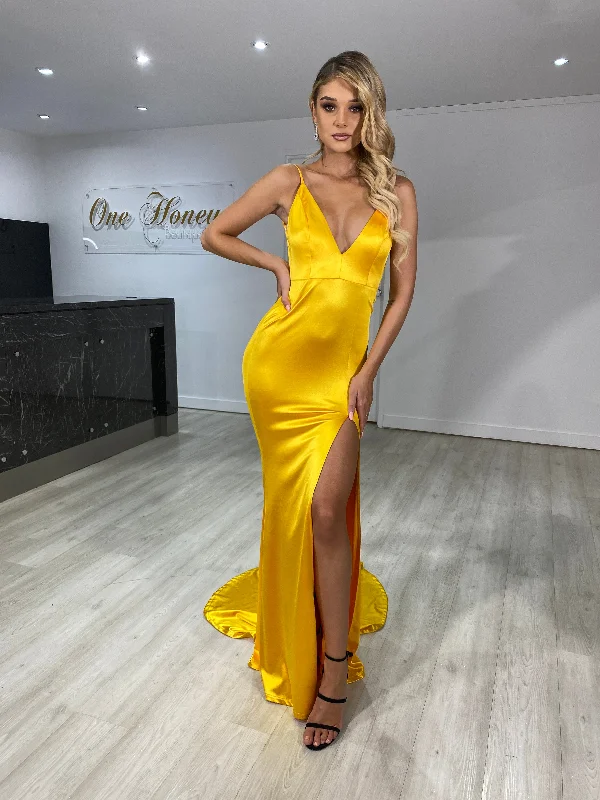 Honey Couture MILEE Yellow Low Back Mermaid Evening Gown Dress w Leg Split (RED TAG FINAL SALE) Silk Satin Gown