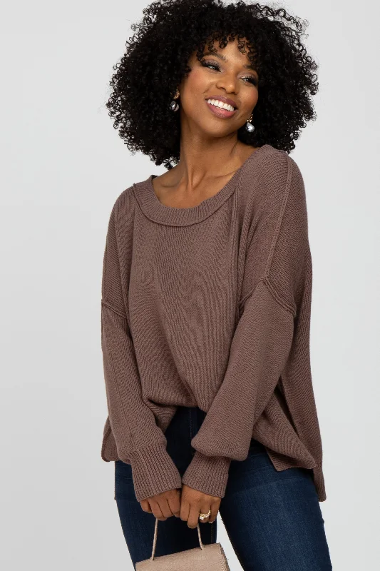 Brown Exposed Seam Side Slit Sweater Water-resistant sweaters