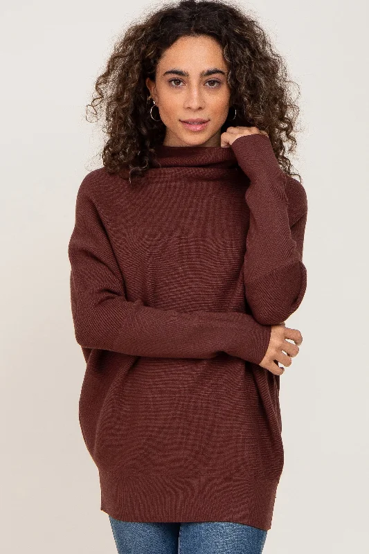 Brown Funnel Neck Dolman Sleeve Sweater Premium sweaters