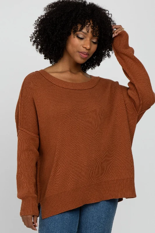 Camel Exposed Seam Side Slit Sweater Date night sweaters