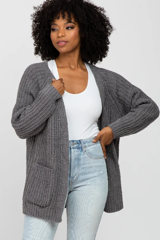 Charcoal Ribbed Cable Knit Cardigan Women's sweaters