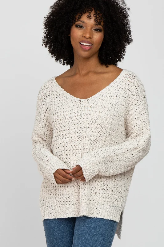 Ivory V-Neck Side Slit Thick Knit Sweater Christmas sweaters