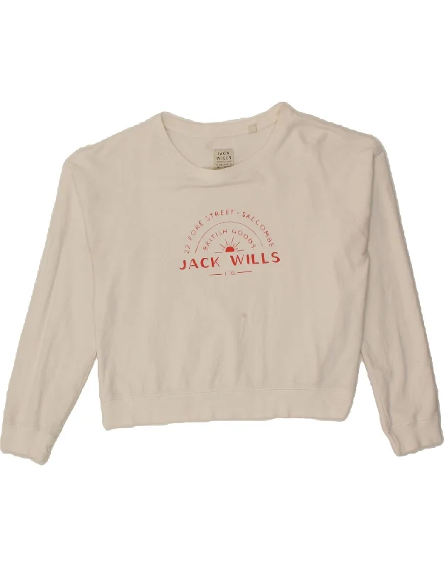 JACK WILLS Womens Graphic Sweatshirt Jumper UK 14 Large White Cotton Knitted sweaters