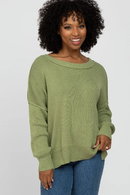 Light Olive Exposed Seam Side Slit Sweater Breathable sweaters