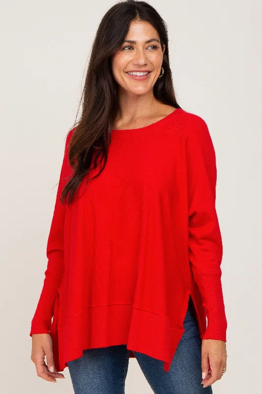 Red Dolman Sleeve Side Slit Sweater Best sweaters for cold weather