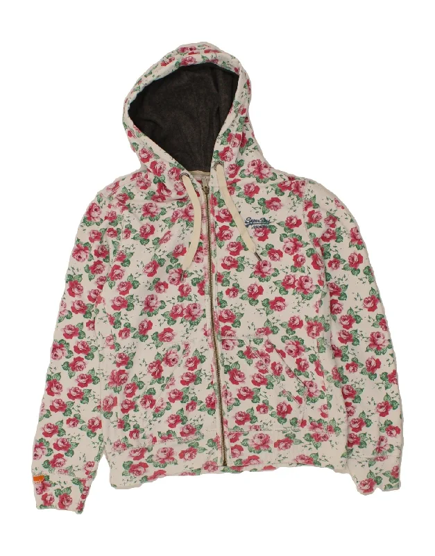 SUPERDRY Womens Zip Hoodie Sweater UK 16 Large White Floral Cotton Soft-touch sweaters