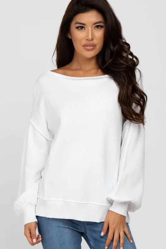 White Boat Neck Bubble Sleeve Sweater V-neck sweaters