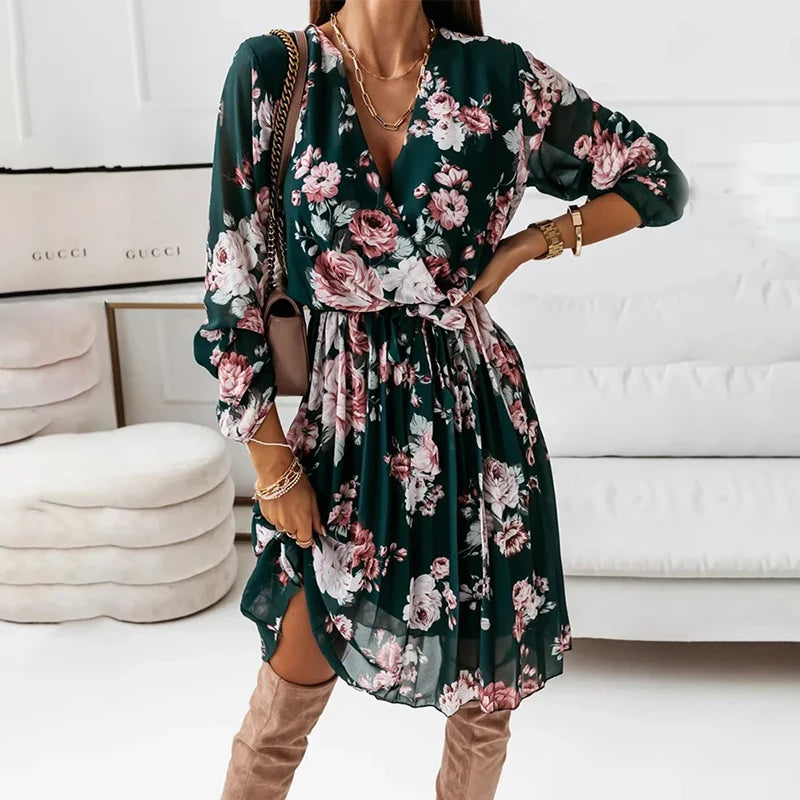 Julia Fashion - Chiffon Long Sleeve Floral Print Casual Deep V Neck Green Mini Dress Urban Outfitters mini dresses