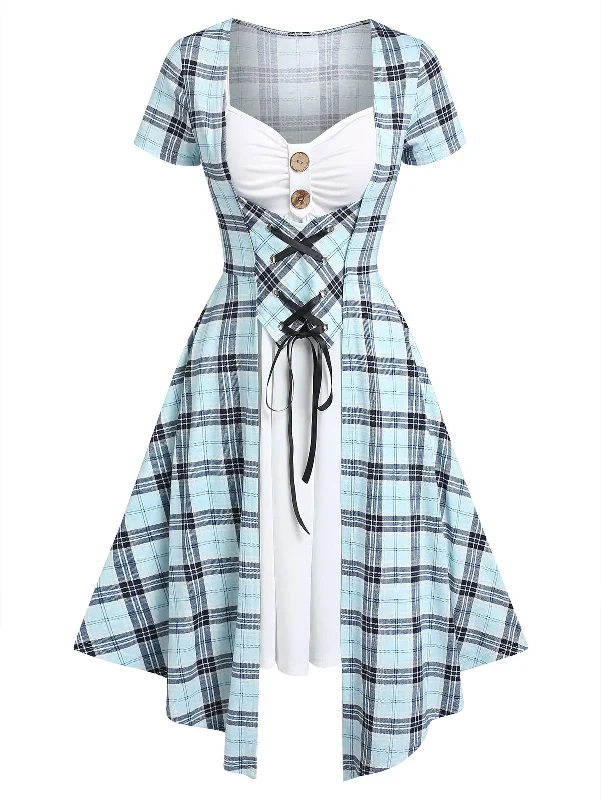 Plaid 2 In 1 Dresses  Short Sleeve Robe Plaid Print Faux Twinset Lace Up Vestido Feminino Vacation Party Streetwear Office mini dresses