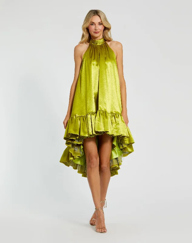 Green High Neck Satin Mini Dress With Keyhole Embroidered Wedding Dress