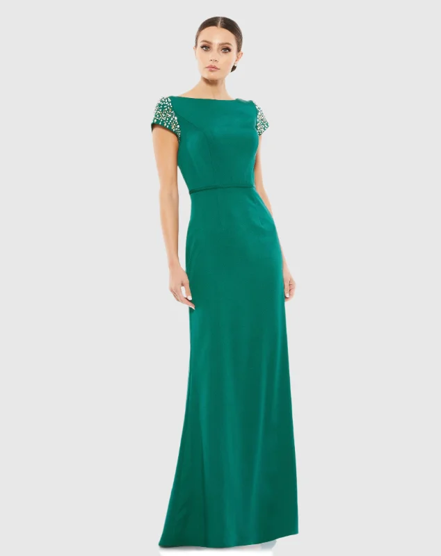 Beaded Cap Sleeve Bateau Column Gown Elegant Satin Dress