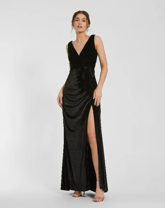 Deep V High Slit Draped Velvet Fitted Gown Chic Lace Dress