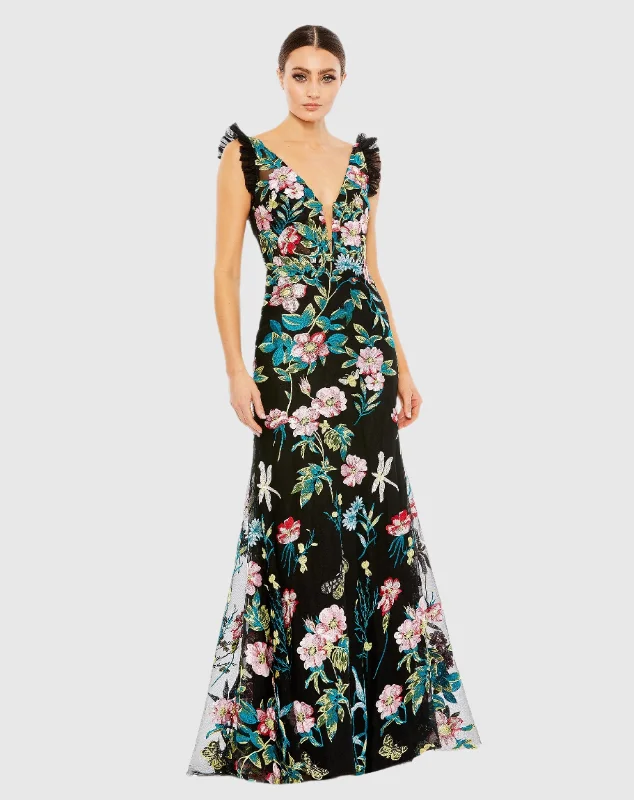 Embroidered Floral Plunge Neck Trumpet Gown Mermaid Lace Gown