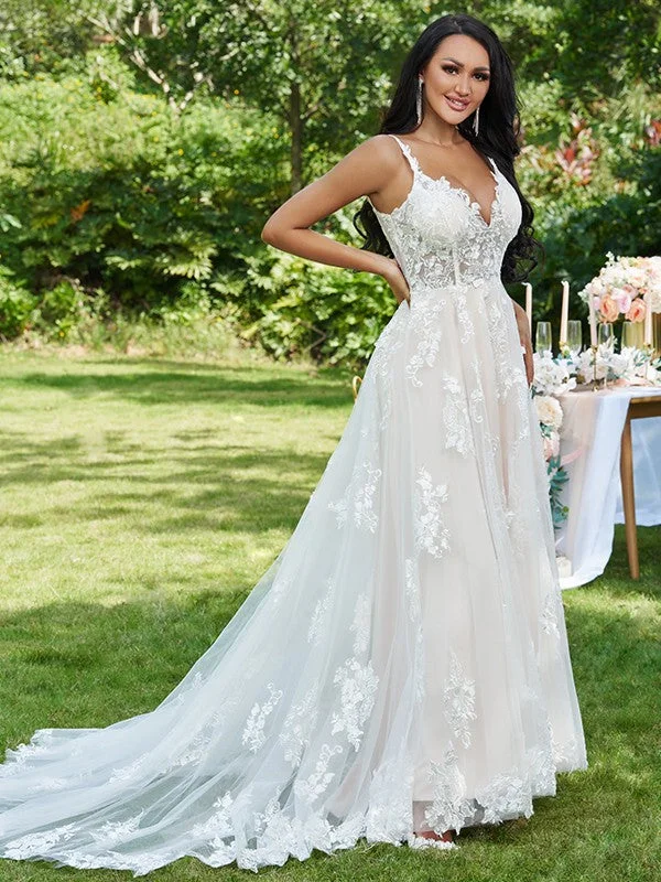 A-Line/Princess Lace Applique V-neck Sleeveless Sweep/Brush Train Wedding Dresses Timeless Wedding Dress