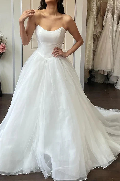 Bateau Strapless Tulle A-Line Empire Wedding Dress Sexy Wedding Dress