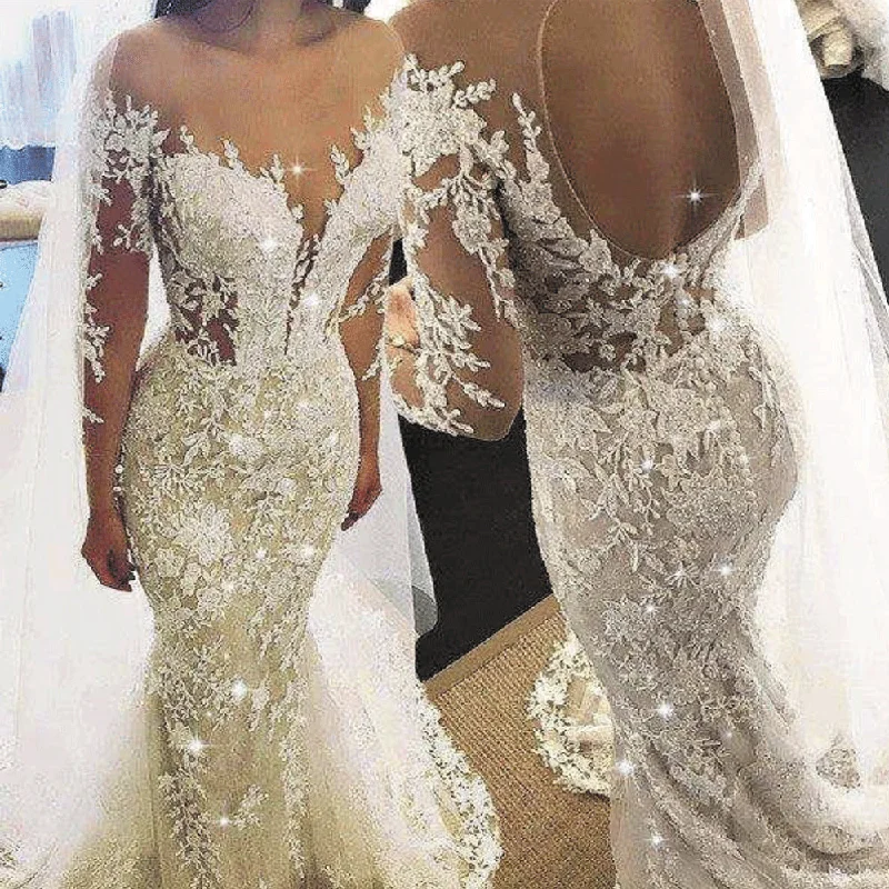 champagne mermaid wedding dresses for bride 2020 lace appliqué long sleeve beaded elegant wedding gown Ball Gown Wedding