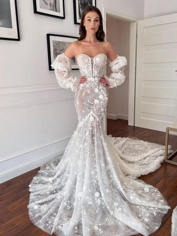 Charming Sweetheart Lace Applique Mermaid Long Cheap Wedding Dresses, WDS0076 Sleeveless Wedding Dress