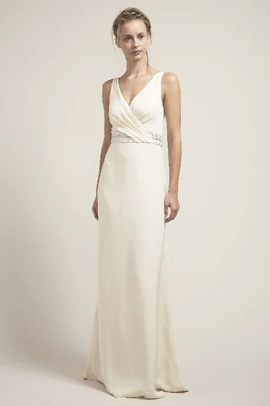 CR6673- Glamorous V-Neck Wedding Dress With Beaded Waistband Simple Wedding Gown