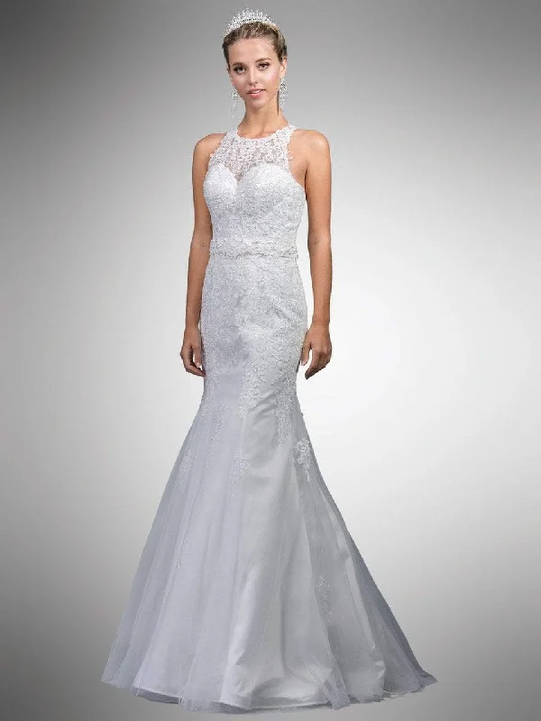 Dancing Queen Bridal - A7003 Beaded Lace Illusion Halter Mermaid Gown Modern Wedding Gown