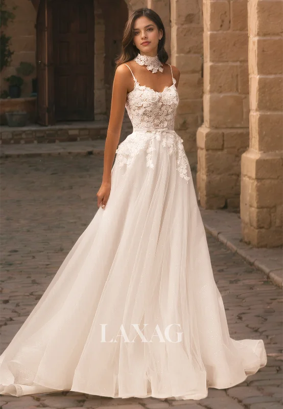 Chapel Train Appique Top Spaghetti Straps Tulle A-Line Wedding Dress Off-shoulder Gown