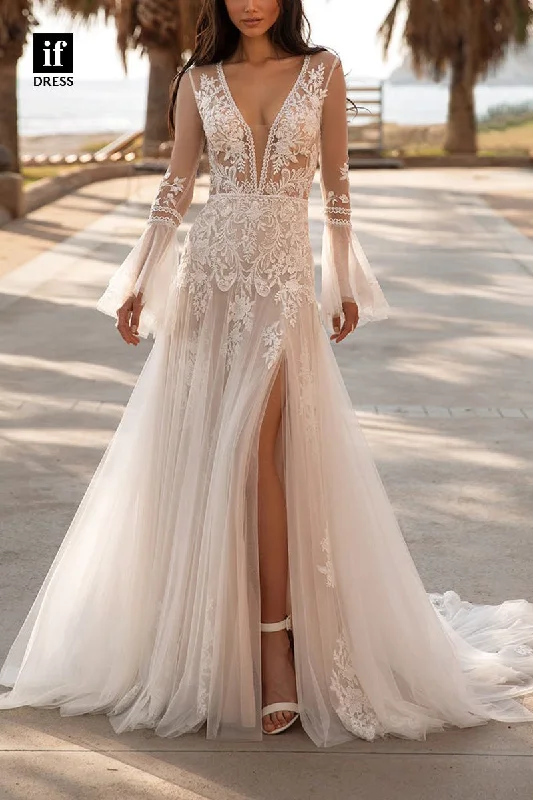 71220 - Elegant Deep V-Neck Appliques A-Line Beach Wedding Dress with Sleeves Long Sleeve Gown