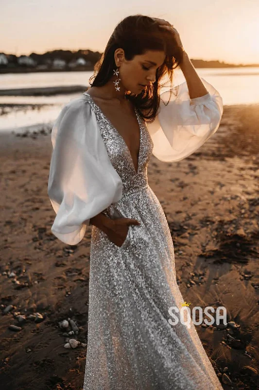 Attractive V-neck Bat Sleeves Sparkly Bohemian Wedding Dress QW2400 Off-shoulder Wedding Gown