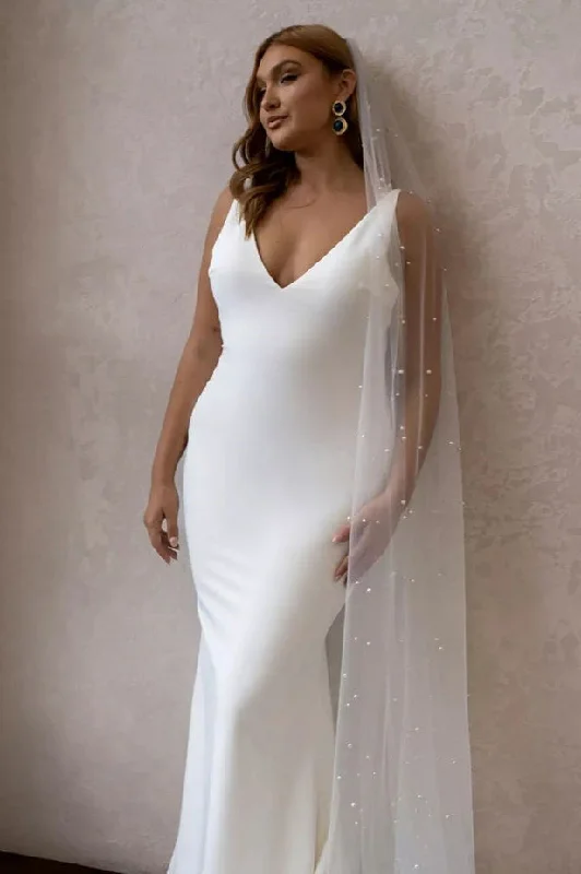 Elegant Mermaid V Neck Elastic Satin Long Wedding Dresses with Train Floral Bridal Gown