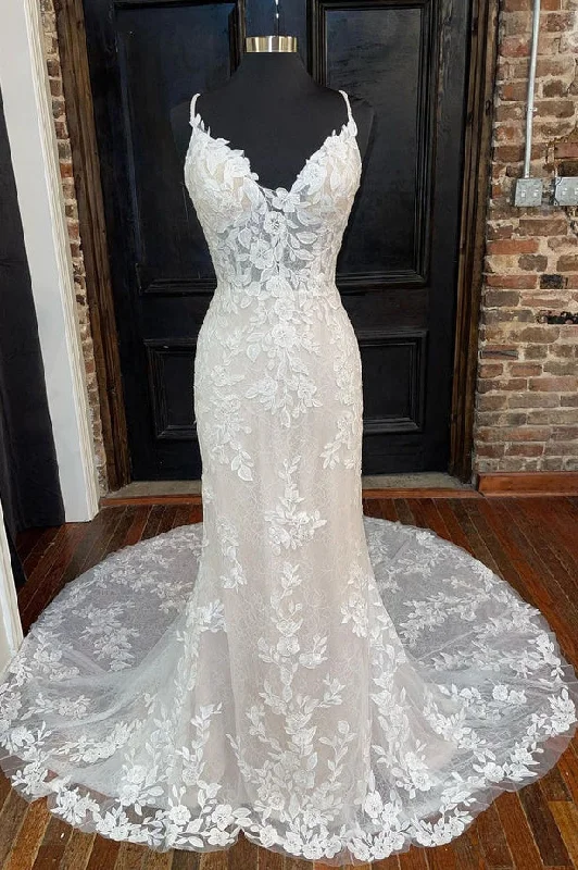 Elegant Mermaid V Neck Lace Wedding Dresses Full Length Gown