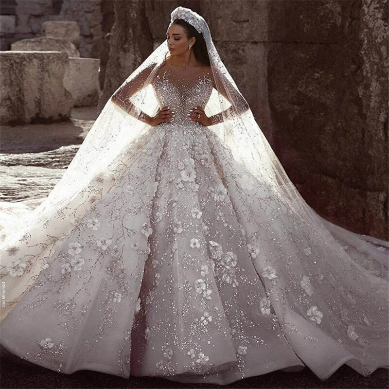 High-end Ultrathin Long Sleeve Dubai Wedding Gown 3D Lace Flower Ball Gown Wedding Dress Lace Wedding Gown