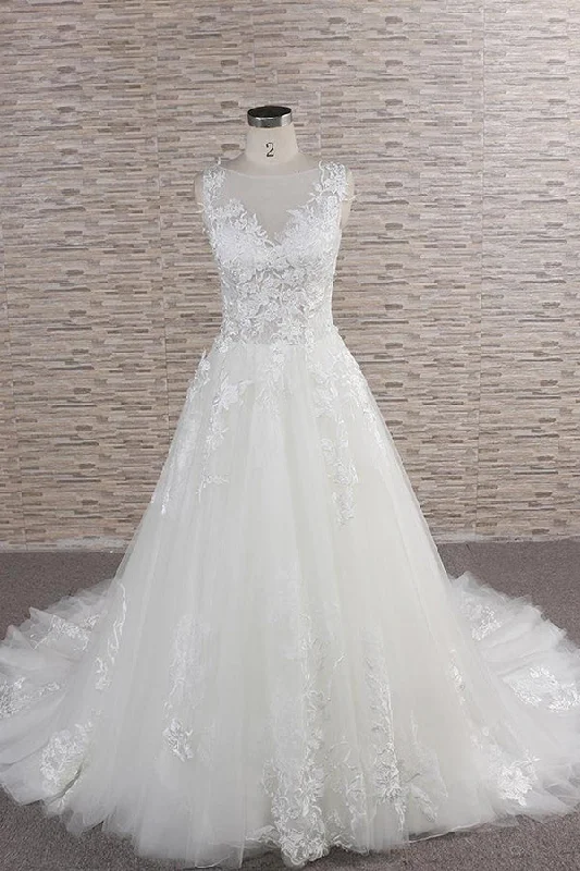 Long A-line Sweetheart Applqiues Lace Tulle Wedding Dress Embroidered Wedding Dress