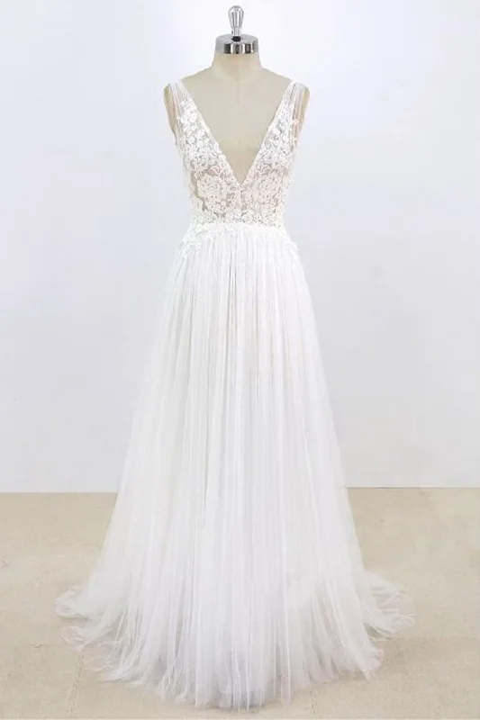 Long A-line V-neck Lace Tulle Open Back Wedding Dress Satin Lace Gown