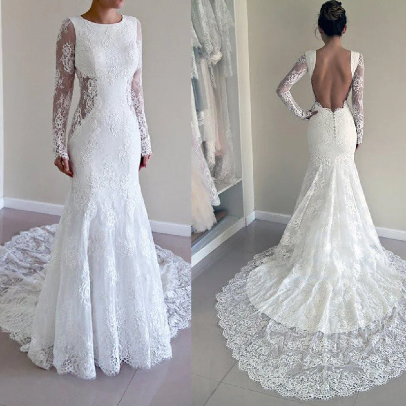 Long Sleeve Lace Backless Mermaid Wedding Dresses,  2017 Long Custom Wedding Gowns, Affordable Bridal Dresses, 17116 Short Wedding Gown