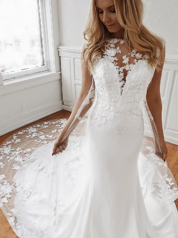 Mermaid Lace Appliques White Wedding Dresses with Train, Mermaid White Lace Prom Dresses, White Lace Formal Evening Dresses Beautiful Bridal Gown