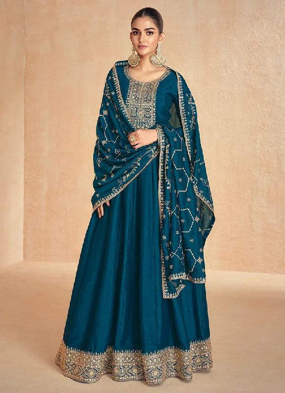 Royal Blue Golden Embroidery Wedding Anarkali Suit Luxury Wedding Dress