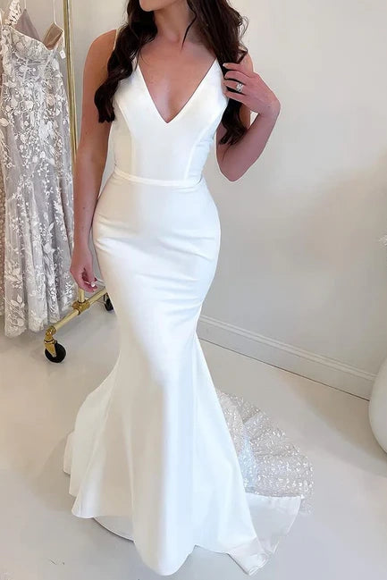 Trumpet V-Neck Sleeveless Open Back Wedding Dress With Train Illusion Neckline Gown