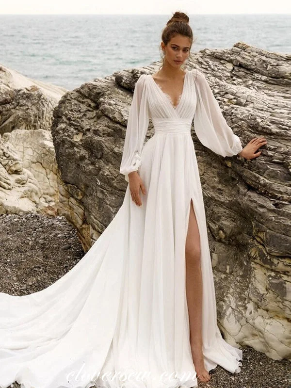 V-neck Chiffon Long Sleeves A-line With High Slit Beach Wedding Dresses, CW0363 Chic Wedding Gown